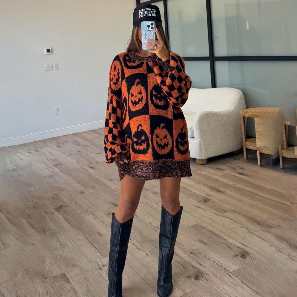 Halloween Ghost Checkered Oversized Knit Sweater, Y2K Long Sleeve Crewneck Pullover, Cozy Fall Holiday Top for Women