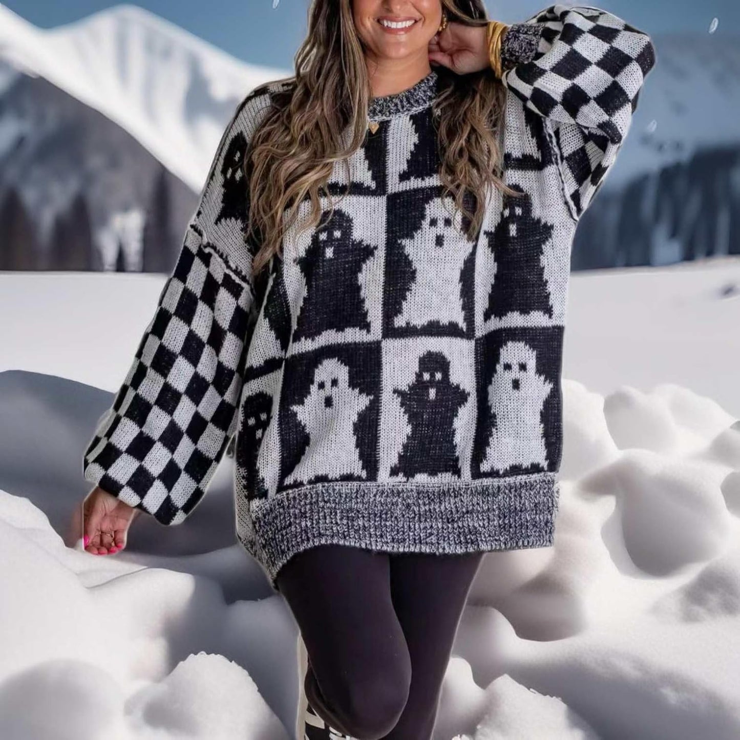 Halloween Ghost Checkered Oversized Knit Sweater, Y2K Long Sleeve Crewneck Pullover, Cozy Fall Holiday Top for Women