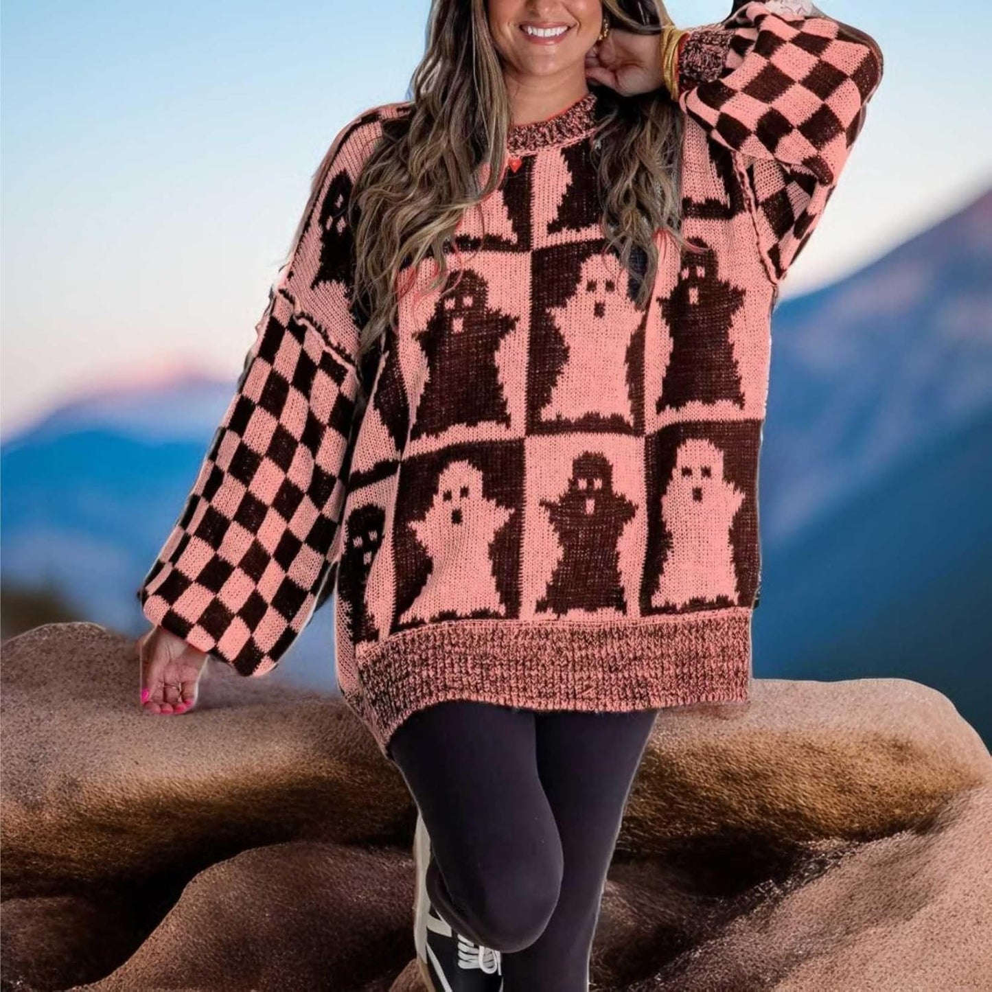 Halloween Ghost Checkered Oversized Knit Sweater, Y2K Long Sleeve Crewneck Pullover, Cozy Fall Holiday Top for Women