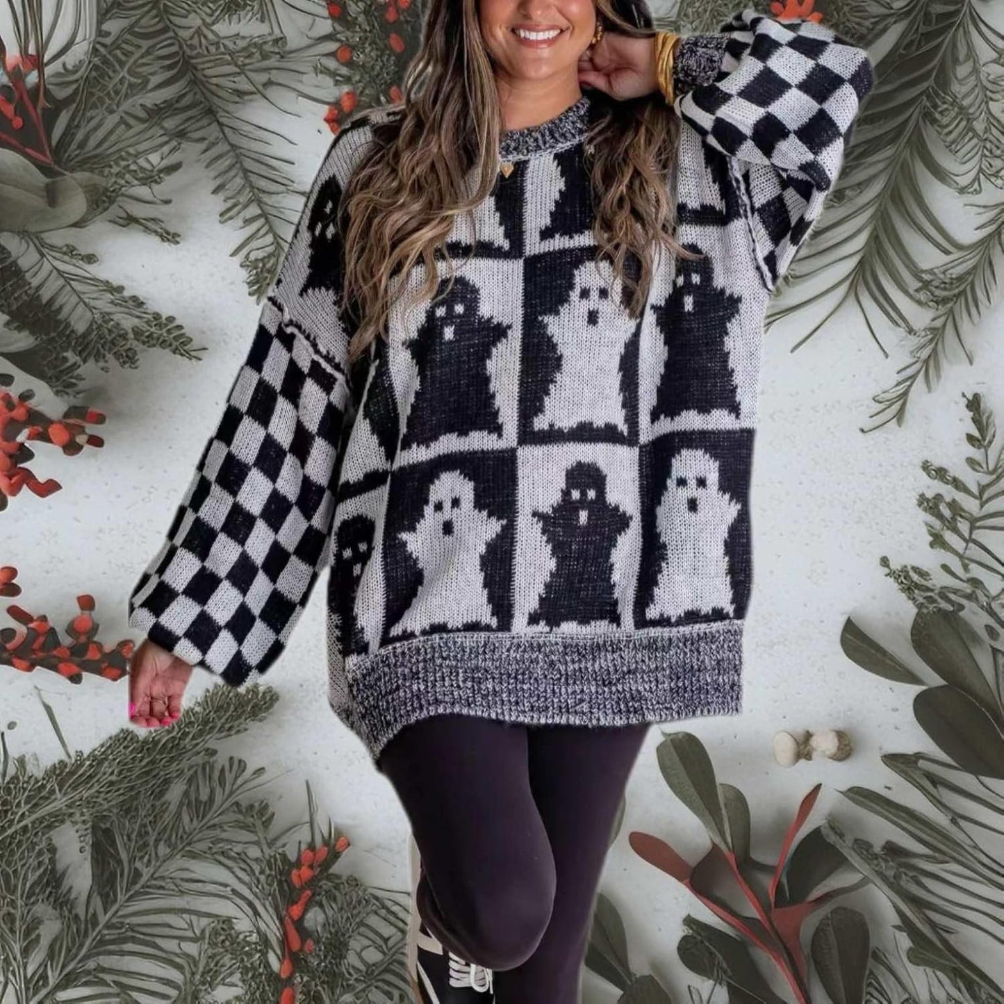 Halloween Ghost Checkered Oversized Knit Sweater, Y2K Long Sleeve Crewneck Pullover, Cozy Fall Holiday Top for Women