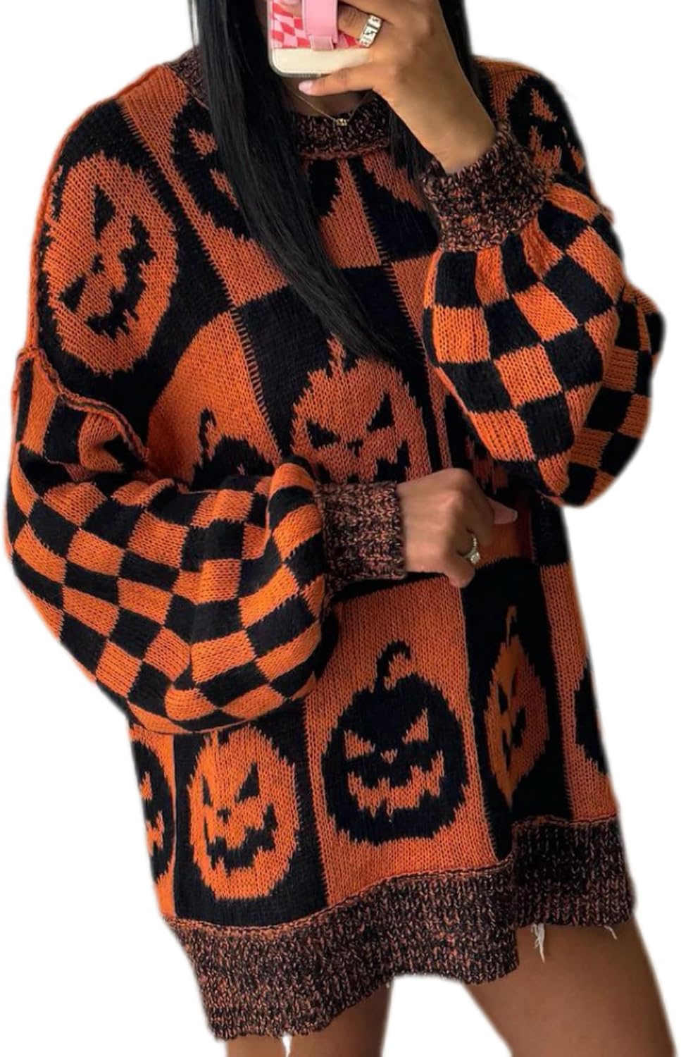 Halloween Ghost Checkered Oversized Knit Sweater, Y2K Long Sleeve Crewneck Pullover, Cozy Fall Holiday Top for Women