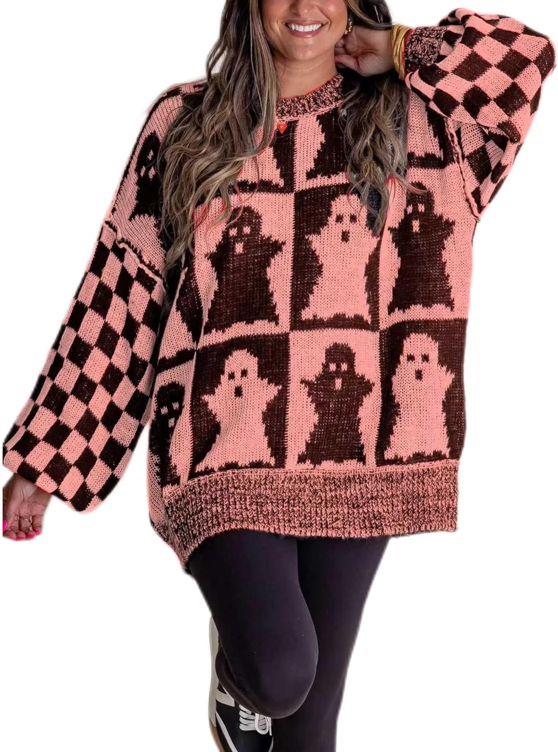 Halloween Ghost Checkered Oversized Knit Sweater, Y2K Long Sleeve Crewneck Pullover, Cozy Fall Holiday Top for Women