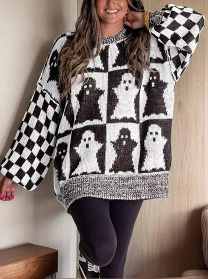 Halloween Ghost Checkered Oversized Knit Sweater, Y2K Long Sleeve Crewneck Pullover, Cozy Fall Holiday Top for Women