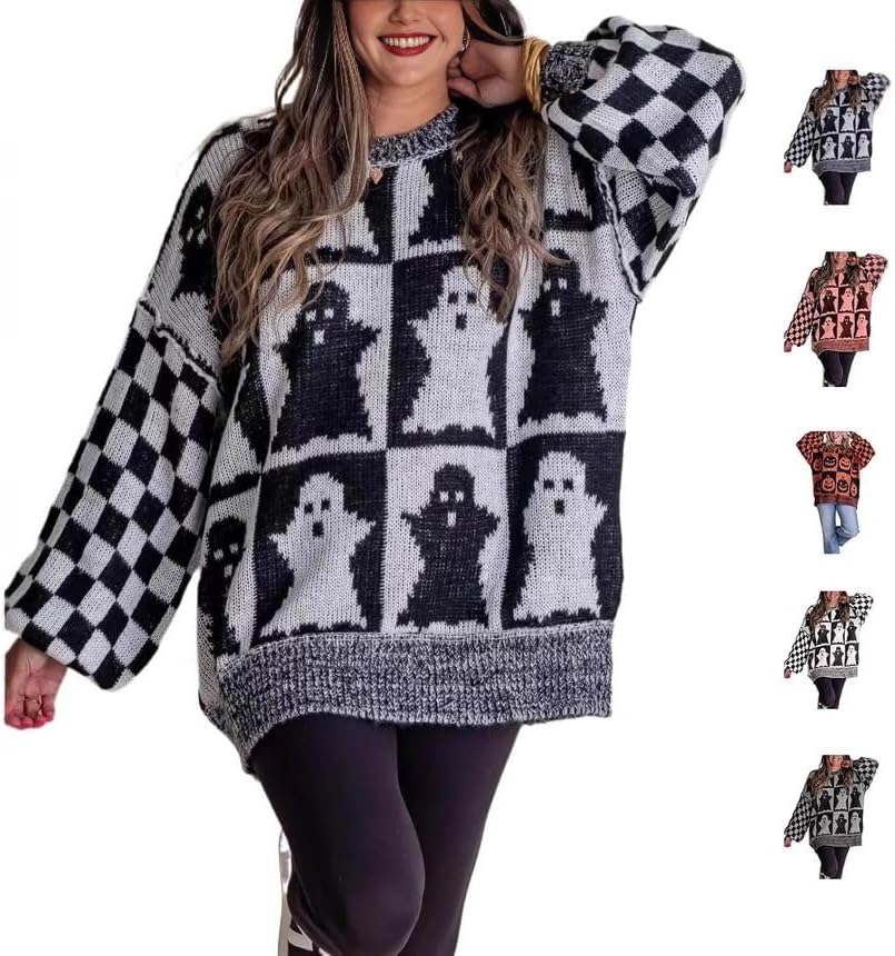 Halloween Ghost Checkered Oversized Knit Sweater, Y2K Long Sleeve Crewneck Pullover, Cozy Fall Holiday Top for Women