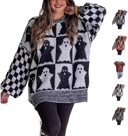 Halloween Ghost Checkered Oversized Knit Sweater, Y2K Long Sleeve Crewneck Pullover, Cozy Fall Holiday Top for Women