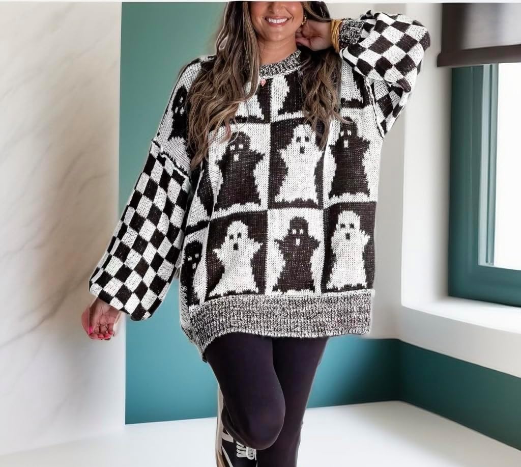 Halloween Ghost Checkered Oversized Knit Sweater, Y2K Long Sleeve Crewneck Pullover, Cozy Fall Holiday Top for Women