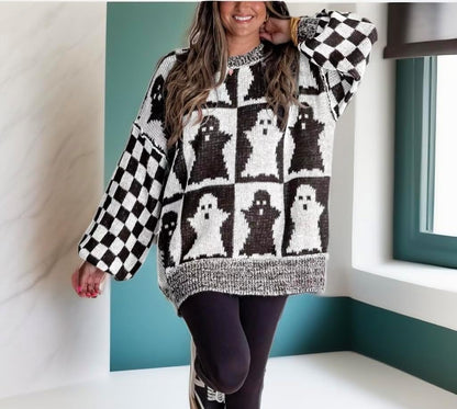 Halloween Ghost Checkered Oversized Knit Sweater, Y2K Long Sleeve Crewneck Pullover, Cozy Fall Holiday Top for Women