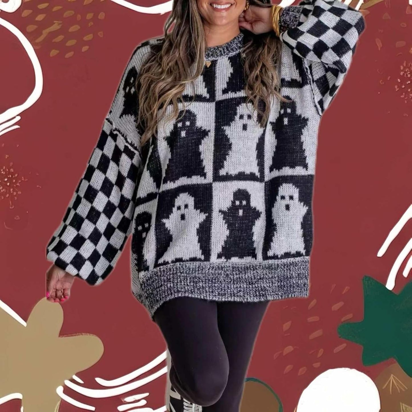 Halloween Ghost Checkered Oversized Knit Sweater, Y2K Long Sleeve Crewneck Pullover, Cozy Fall Holiday Top for Women