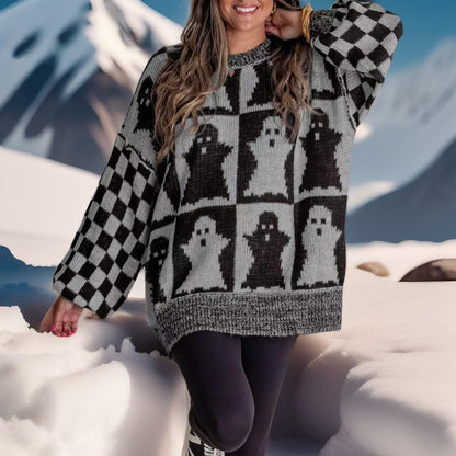 Halloween Ghost Checkered Oversized Knit Sweater, Y2K Long Sleeve Crewneck Pullover, Cozy Fall Holiday Top for Women