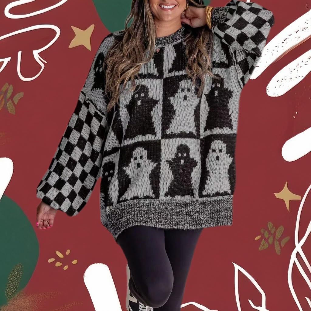 Halloween Ghost Checkered Oversized Knit Sweater, Y2K Long Sleeve Crewneck Pullover, Cozy Fall Holiday Top for Women