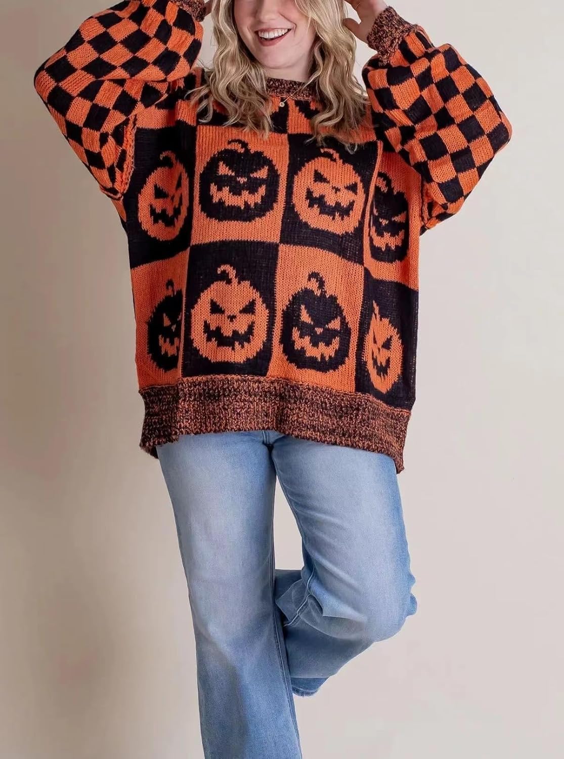 Halloween Ghost Checkered Oversized Knit Sweater, Y2K Long Sleeve Crewneck Pullover, Cozy Fall Holiday Top for Women