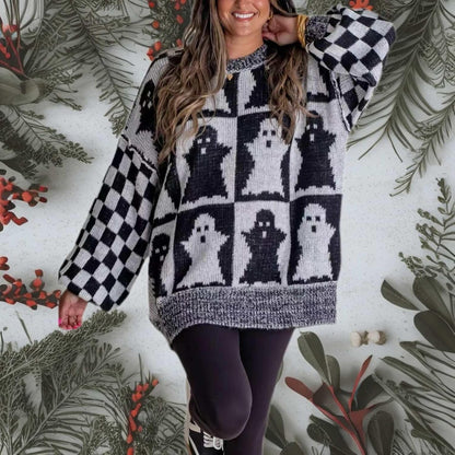 Halloween Ghost Checkered Oversized Knit Sweater, Y2K Long Sleeve Crewneck Pullover, Cozy Fall Holiday Top for Women
