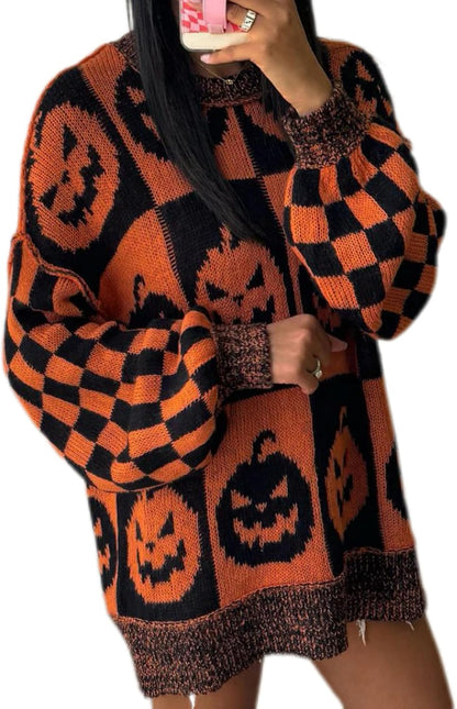 Halloween Ghost Checkered Oversized Knit Sweater, Y2K Long Sleeve Crewneck Pullover, Cozy Fall Holiday Top for Women