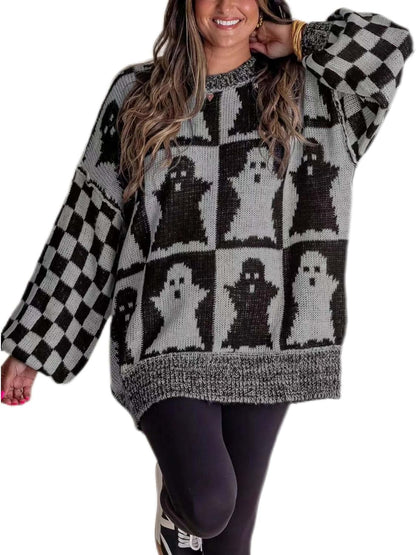 Halloween Ghost Checkered Oversized Knit Sweater, Y2K Long Sleeve Crewneck Pullover, Cozy Fall Holiday Top for Women